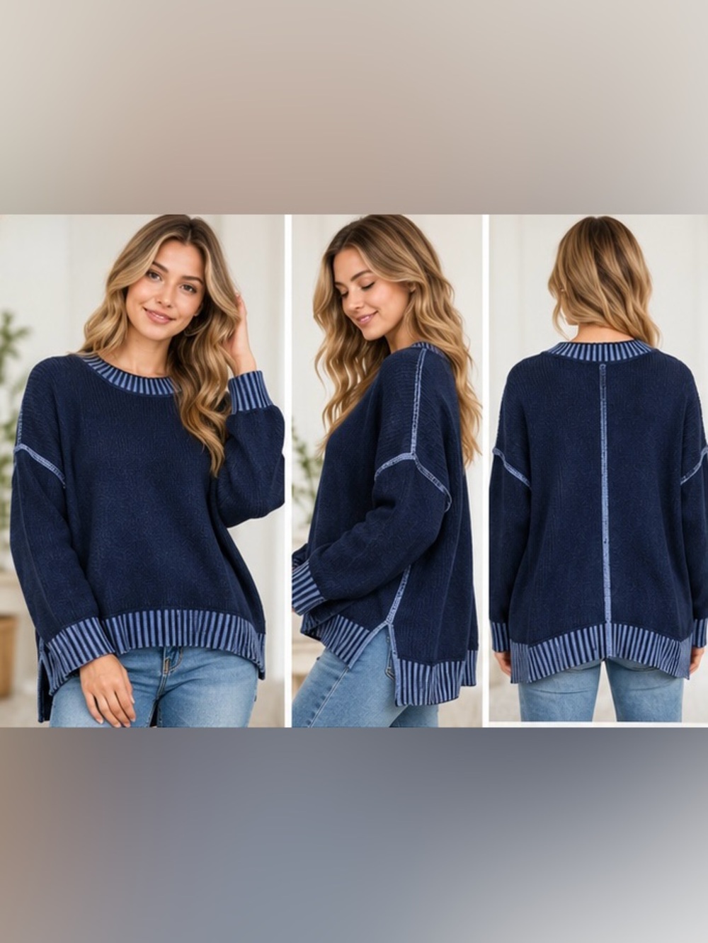 Zenana Outfitters Stunning Two-Tone Striped Ribbed Crewneck Sweater - New in Bag